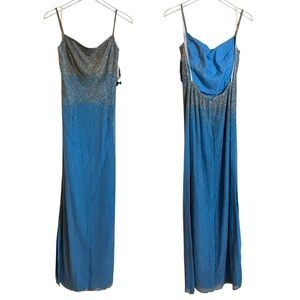 Sean Collection Blue & Silver Beaded Maxi Gown Silk Dress Large NEW Style 1191